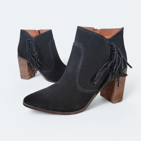 Lucky Brand Mercer Black Suede Heeled Booties Fringe Pointed Toe Size 7 Western - Picture 1 of 17